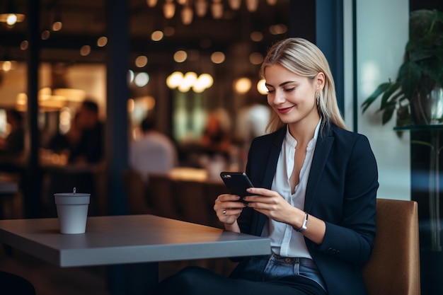 カフェでノートパソコンとスマートフォンを活用するビジネスの女性 Generative Ai
