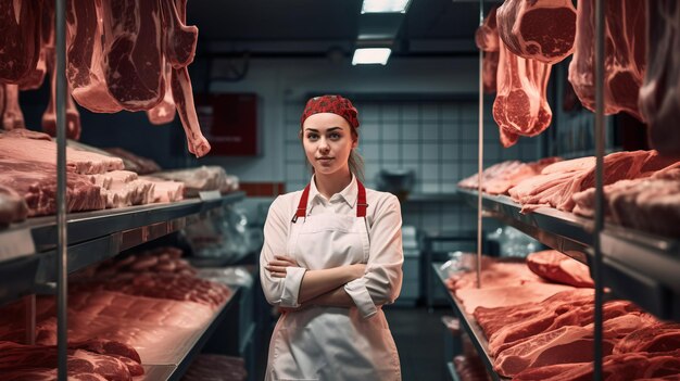 Foto la macellaia sta in piedi all'interno tra la carne