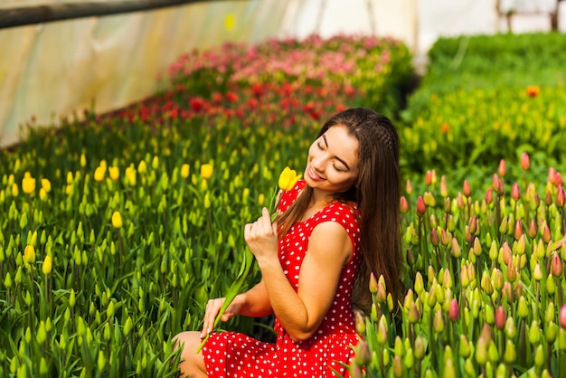 Покупательница выбирает тюльпаны в теплице