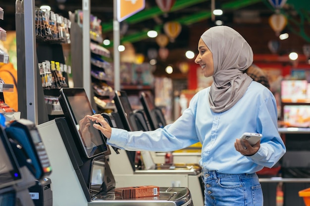 A woman buyer in a supermarket in a hijab pays for goods at a selfservice checkout convenient service for customers