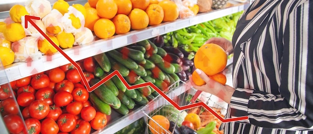 Woman buying fruits Growth prices of fruits with arrows