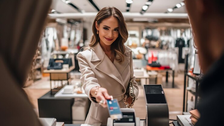 Photo woman buying with credit card over the shoulder view