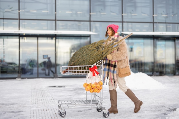Woman buys christmas tree and fruits at mall