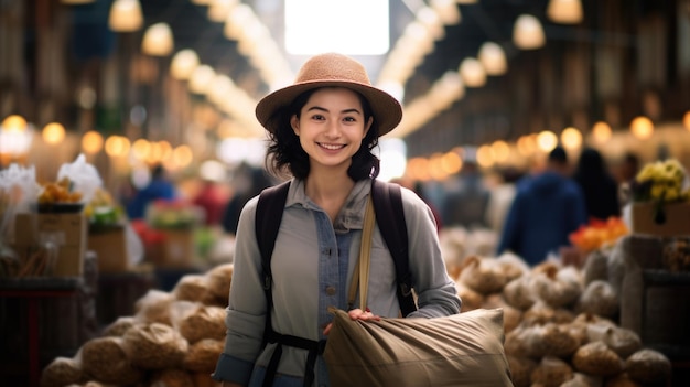 女性が農家の市場で新鮮な農産物を買っている