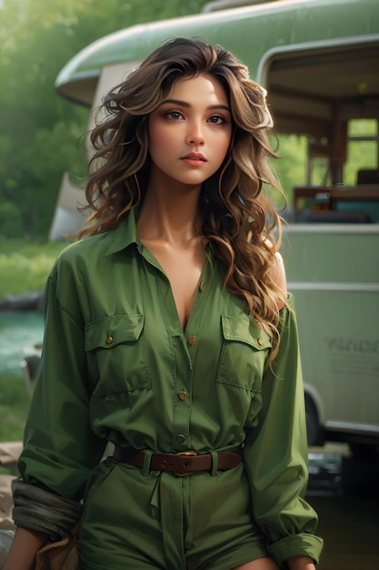 woman by the lake blonde hair in a safari suit an RV Ai generative