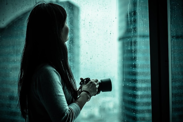 Woman by wet window