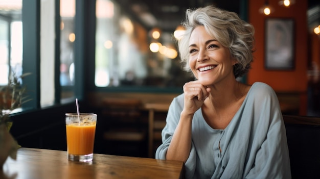 woman in a cafe drinks juice