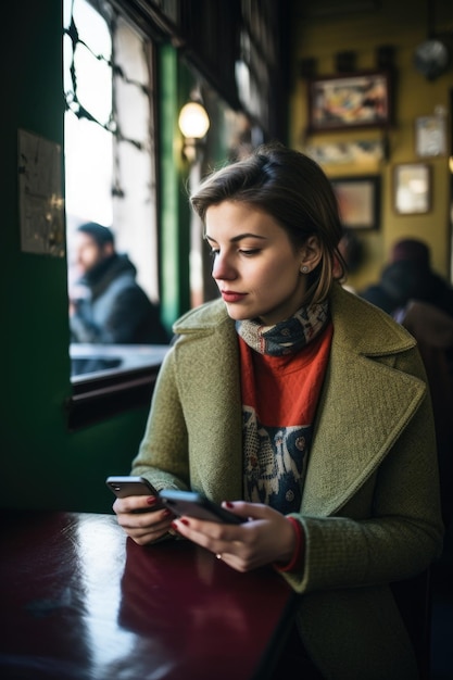 Женщина в кафе разговаривает по мобильному телефону, отправляя текстовые сообщения и просматривая Интернет