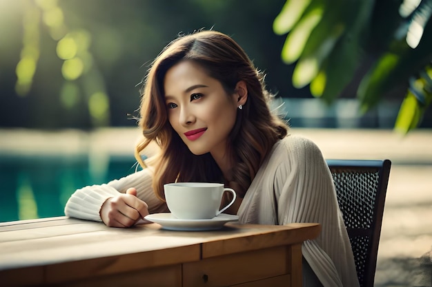 a woman in a cafe with a cup of coffee.
