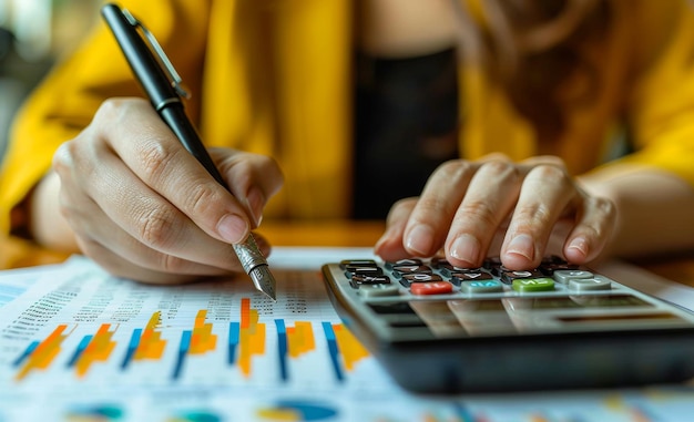 Woman calculates her monthly budget with calculator and pen