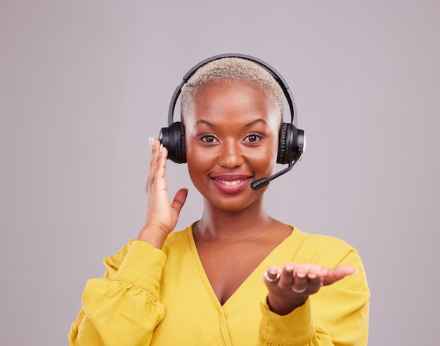 Photo woman call center and hand offer questions or presentation for communication support or helping in studio consultant agent or african person in portrait and giving advice on a white background