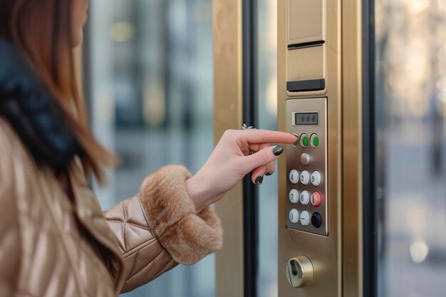 写真 建物のドアのインターコムに電話して開ける女性