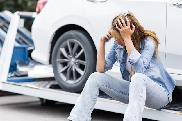 Foto donna che chiama un'auto lungo la strada rotta per aver bisogno di aiuto mentre il servizio di assistenza al traino sposta la sua auto fuori