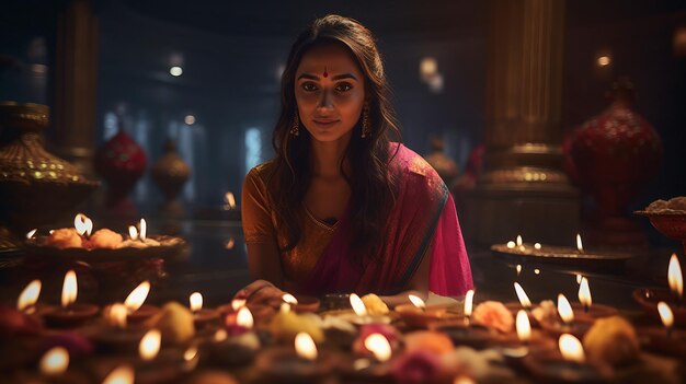 A woman calmly sits before a multitude of glowing candles basking in the serene ambiance Diwali