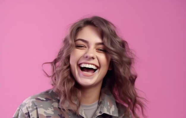 A woman in a camo jacket smiles and laughs.