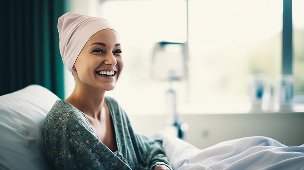 Woman cancer patient with a small smile lying in a hospital bed