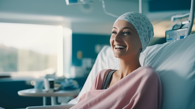 Woman cancer patient with a small smile lying in a hospital bed