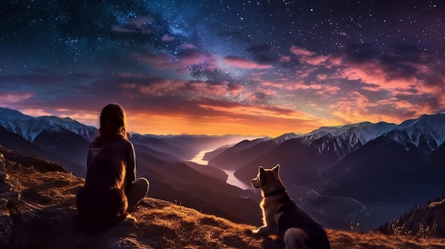 Woman and canine watching disorienting scene of celebrated lights at sunset in tall mountains AI Generated