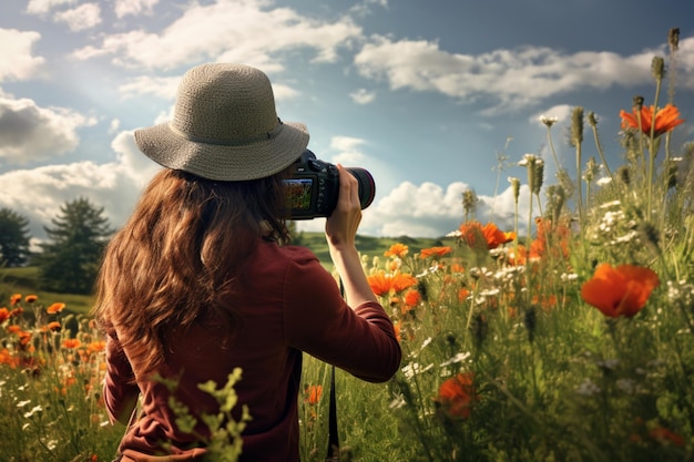 Foto una donna che cattura una foto di un campo di fiori