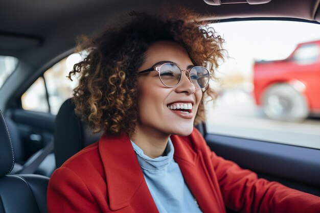 幸せな女性の車