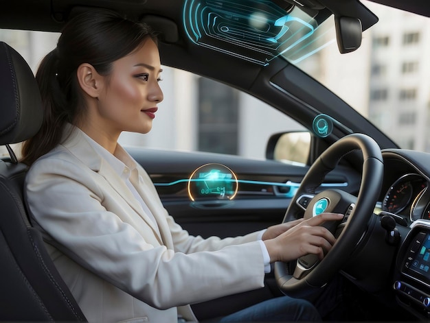 Foto una donna in una macchina che usa un dispositivo intelligente per controllare il volante