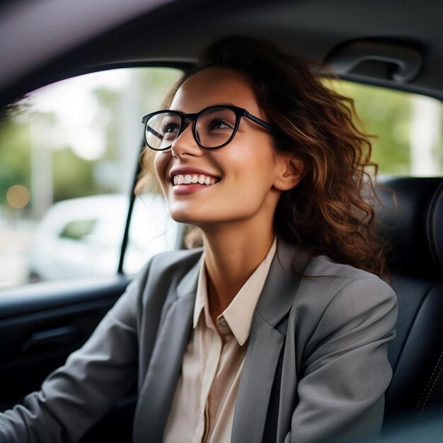 Photo a woman in a car wearing glasses and a suit