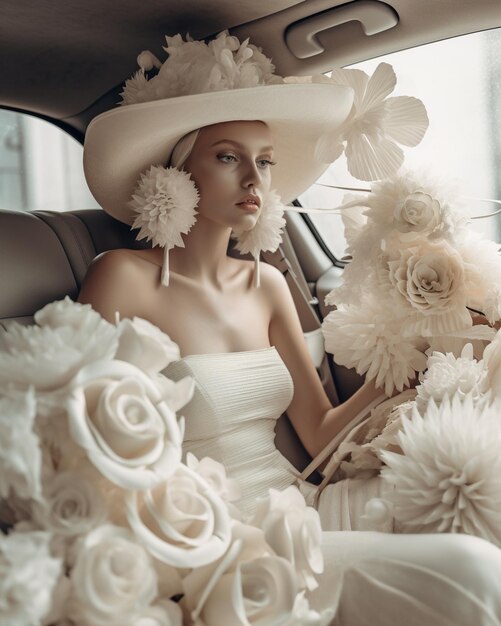 a woman in a car wearing a hat with flowers