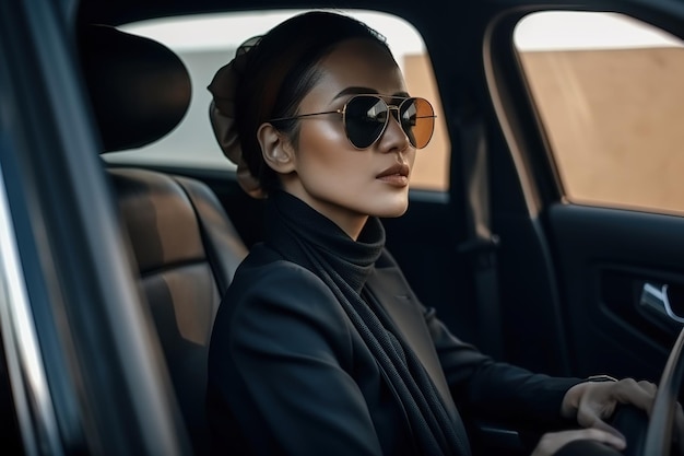 Женщина в машине в темных очках и черном топе сидит за окном