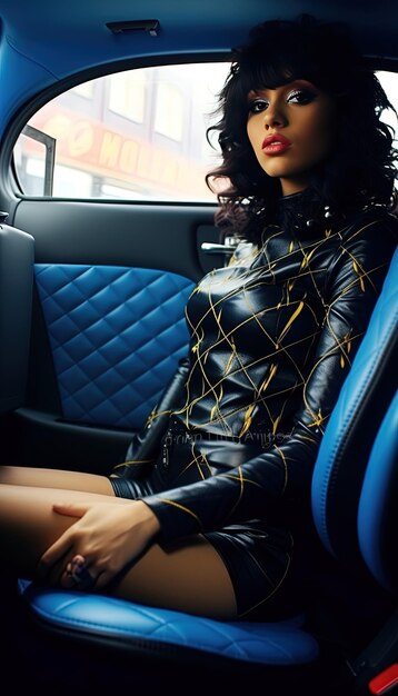 Photo a woman in a car with a black and gold outfit on