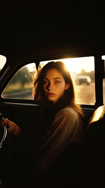 a woman in a car with a car door open.