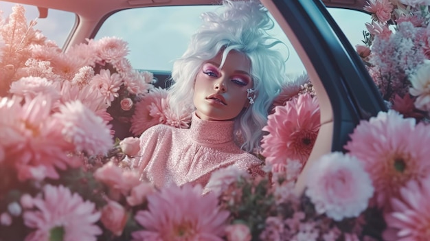 A woman in a car with flowers in her hair