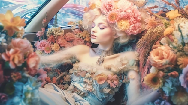 A woman in a car with flowers on her head