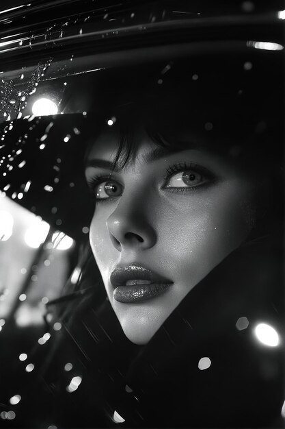 Photo a woman in a car with rain falling on her face