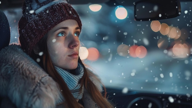 Photo a woman in a car with snow falling on her face