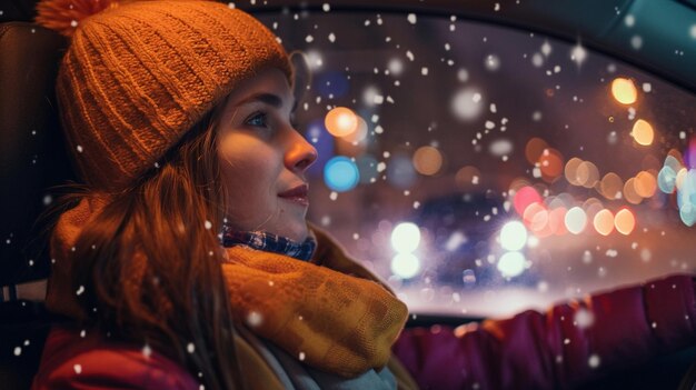 Photo a woman in a car with snowflakes on her head