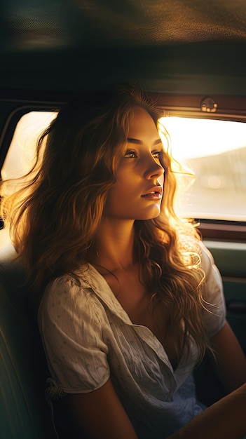 Photo a woman in a car with the sun shining on her face.