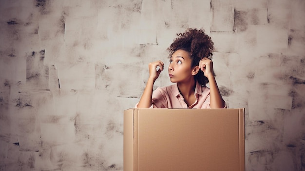 A woman in a cardboard box looks up at the camera.