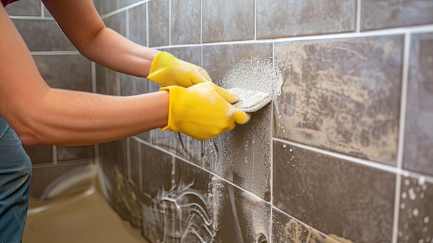 Woman carefully applying grout between tiles DIY home improvement grouting tiles woman attention to detail meticulous renovation tiling craftsmanship Generated by AI