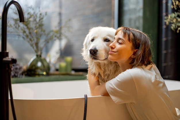 Woman cares her cute dog while washing in bathtub