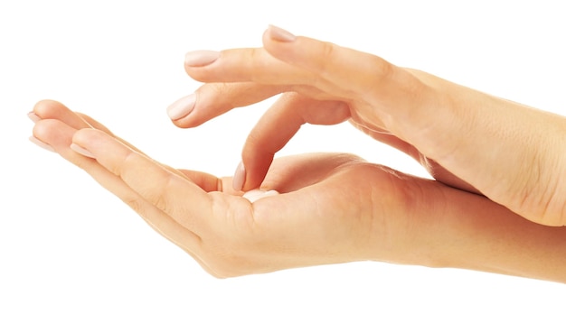 Woman caring hands with cream isolated on white