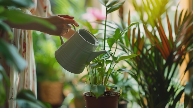 Женщина ухаживает за комнатными растениями, поливая и удобряя их