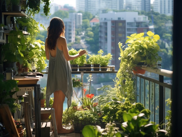 Woman caring for plants on balcony