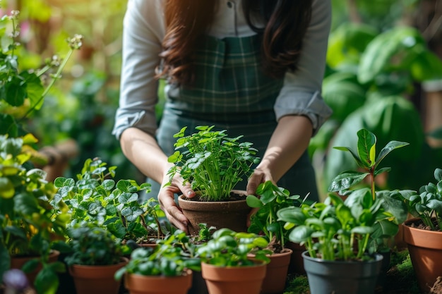 Woman caring for plants in home garden