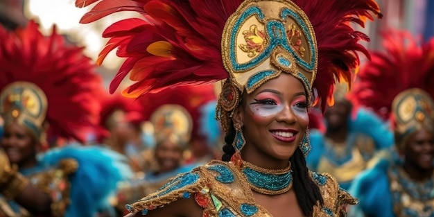A woman in a carnival costume smiles at the camera.