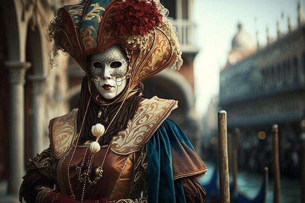 Foto una donna in costume di carnevale si trova in una strada di venezia.