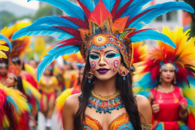 A woman in a carnival costume with a bright blue feather headdress.