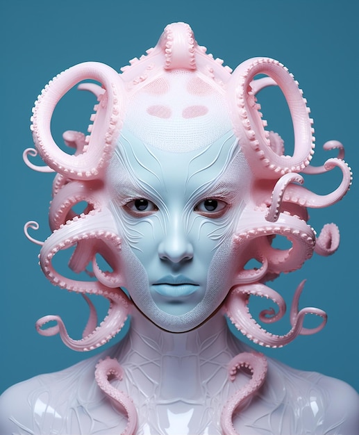Woman carnival halloween beauty latex fashion pink person octopus concept face party human makeup mask