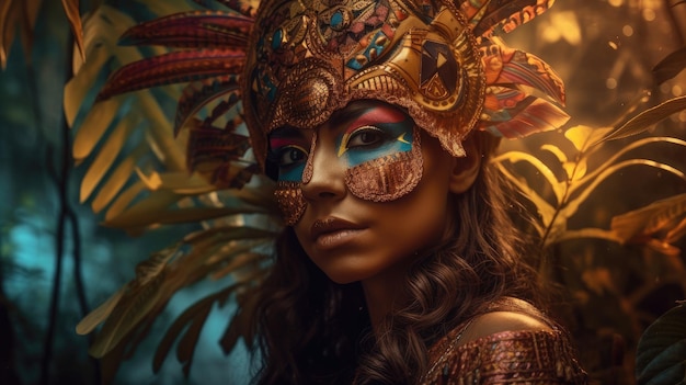 A woman in a carnival mask with a gold and blue feathered mask