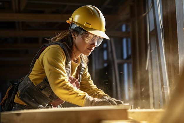 Woman carpenter working on the construction of a wooden house with helmet and carpentry tools