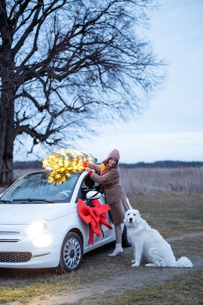 Woman carries Christmas tree by car